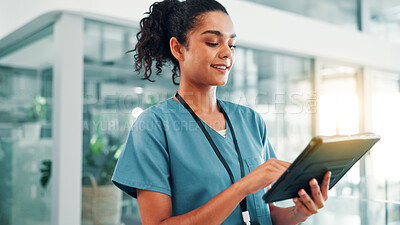 Buy stock photo Healthcare, woman and nurse with tablet for research, medical information and app for telehealth. Clinic, female person and surgeon with digital for online consultation, treatment or diagnosis report