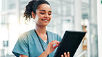 Clinic, woman and nurse with tablet for research, medical information and app for telehealth. Healthcare, female person and surgeon with digital for online consultation, treatment or diagnosis report