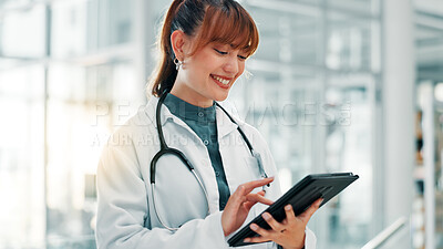 Buy stock photo Hospital, doctor and woman on tablet for telehealth, medical service and online report. Healthcare, cardiologist and person on digital tech for internet, website and wellness app for surgery schedule