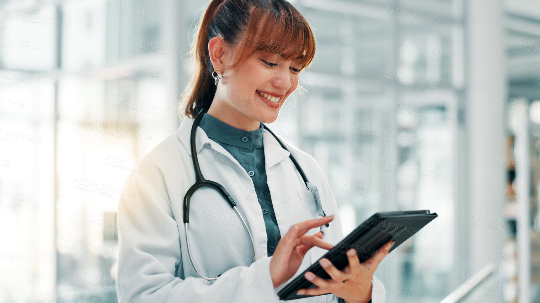 Buy stock photo Hospital, doctor and woman on tablet for telehealth, medical service and online report. Healthcare, cardiologist and person on digital tech for internet, website and wellness app for surgery schedule