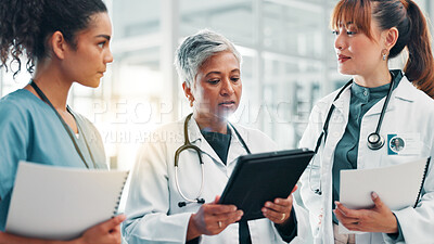 Buy stock photo Tablet, meeting and team of doctors in hospital for results, medical report and advice for treatment. Healthcare, collaboration and women on digital tech for research, surgery schedule and planning