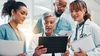 Buy stock photo Tablet, meeting and doctors and nurse in hospital for results, medical report and advice for diagnosis. Healthcare, teamwork and people on digital tech for research, surgery schedule and planning