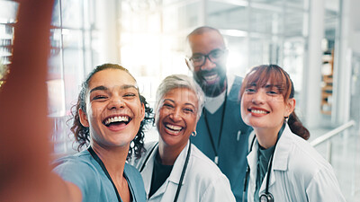 Buy stock photo Selfie, people and doctors in hospital, portrait and teamwork with profile picture, about us and healthcare. POV, group or medical with professional, pride or diversity with update for clinic website