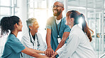 Hands stack, doctors and people in hospital, smile and support with team building. Group, medical and professional in clinic, gesture and celebration for research funding, healthcare and motivation