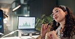 Woman, trading and computer with thinking for charts, pen for review, results or monitor for stocks at office. Person, decision and crypto investor at night by screen, value or market stats at agency