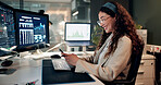 Business, night and woman with smartphone, investor and professional with stock market. Evening, person and employee in workplace, cellphone and charts for profit growth, email and app for chatting