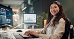 Woman, trading and computer with portrait for charts, smile for review, typing or monitor for stocks at office. Person, happy and crypto investor at night by screen, value or market stats in Mexico