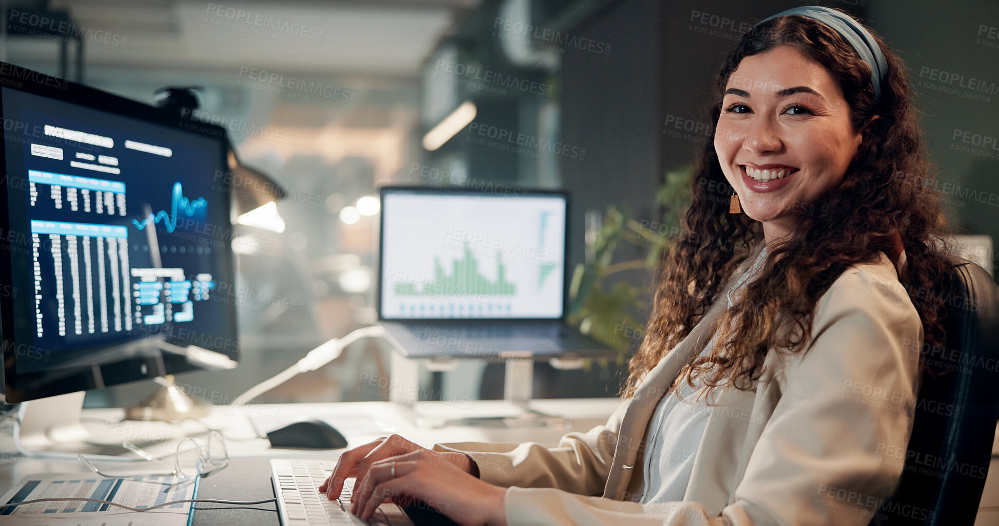 Buy stock photo Woman, trading and computer with smile for graphs, portrait for review, typing or monitor for stocks at office. Person, happy and crypto investor at night by screen, value or market stats in Mexico