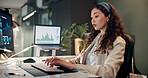 Woman, typing and computer with trading, graphs and review for revenue report in office at company. Person, keyboard and statistics at night, charts and research with info for stock market at agency