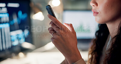 Buy stock photo Business, night and woman with smartphone, hands and professional with social media. Evening, person and investor in office, cellphone and communication with email, chatting or app for stock market