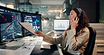 Woman, trading and computer with phone call, charts and documents for review by monitor for stocks at office. Person, paperwork and investor at night with talk, smartphone or market stats at agency