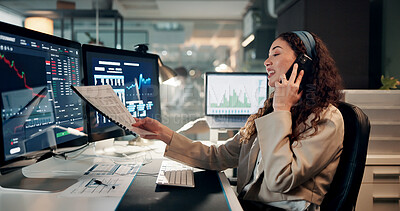 Buy stock photo Woman, trading and computer with phone call, charts and documents for review by monitor for stocks at office. Person, paperwork and investor at night with talk, smartphone or market stats at agency