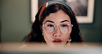 Business, woman and reading on computer in office of research, feedback email and financial report. Female person, glasses and online for budget review, finance information and data entry of proposal