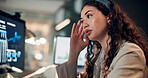 Woman, trading and computer with stress for charts with review, results or monitor for stocks at office. Person, frustrated and crypto investor at night by screen, worry and lost revenue at agency