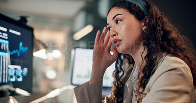 Buy stock photo Woman, trading and computer with stress for charts with review, results or monitor for stocks at office. Person, frustrated and crypto investor at night by screen, worry and lost revenue at agency