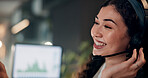 Headset, woman and tech support agent in office at night for crm, helpdesk or internet service provider. Happy, overtime and call center consultant with communication, consultation or contact us.
