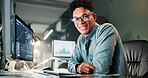 Man, trading and computer with portrait for charts, smile for review, typing or monitor for stocks at office. Person, happy and crypto investor at night by screen, value or market stats in Colombia