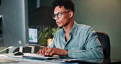 Buy stock photo Man, typing and computer with trading, charts and review for revenue report in office at company. Person, keyboard and statistics at night, graphs and research with price for stock market at agency