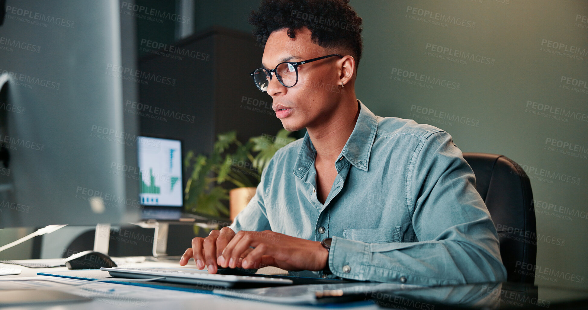 Buy stock photo Man, typing and computer with trading, charts and review for revenue report in office at company. Person, keyboard and statistics at night, graphs and research with price for stock market at agency
