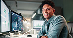 Portrait, man and computer screen for trading in office of statistics review, finance charts and stock market. Male person, graph and pc with risk analysis, financial increase and investment pattern