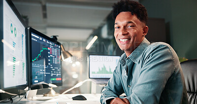 Buy stock photo Portrait, man and computer screen for trading in office of statistics review, finance charts and stock market. Male person, graph and pc with risk analysis, financial increase and investment pattern