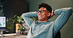 Man, happy and finished with relief at office, trading and charts at night in with deadline, schedule or task. Person, investor and smile with time management for stocks, done and relax by computer