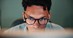 Business, man and reading on computer in office of research, feedback email and financial report. Male person, glasses and pc online with budget review, finance information and data entry of proposal