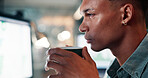 Trading, man and computer screen with coffee in office for reading market trends, monitor algorithms and overtime. Night trader, concentrate and caffeine for energy, data analysis and stocks deadline