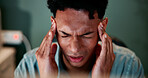 Trading, man and pain of headache in office for stock market crash, investment mistake and overwhelmed. Face, trader and tension migraine with burnout, mental health and fatigue with cryptocurrency