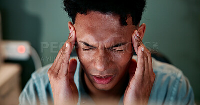 Buy stock photo Trading, man and pain of headache in office for stock market crash, investment mistake and overwhelmed. Face, trader and tension migraine with burnout, mental health and fatigue with cryptocurrency