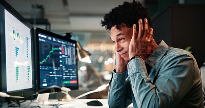 Buy stock photo Man, trading and computer with stress for charts with value crash, results or monitor for stocks at office. Person, frustrated and crypto investor at night by screen, worry and lost revenue at agency