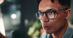 Man, thinking and glasses at night, office and review for project management, perspective or decision at company. Person, overtime and dark workplace with deadline, schedule and job at finance agency