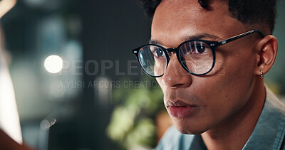 Buy stock photo Man, thinking and glasses at night, office and review for project management, perspective or decision at company. Person, overtime and dark workplace with deadline, schedule and job at finance agency