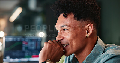 Buy stock photo Man, thinking and happy for trading, charts and review with results, profit and value increase at office. Person, smile and stats with graphs, night and insight for stock price at investment agency