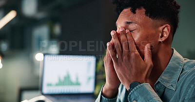 Buy stock photo Trading, man and pain of headache in office for stock market crash, bad investment and overwhelmed by deadline. Night, trader and tension migraine with burnout, mental health and fatigue for overtime