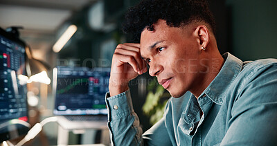 Buy stock photo Man, headache and computer screen with trading, stats or stress for revenue report in office at company. Person, migraine and pain at night, graphs or fatigue with research for stock market at agency