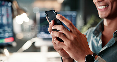 Buy stock photo Business, hands and man with cellphone, smile and professional with communication. Night, person and investor in office, smartphone or chatting with connection, email and digital app for stock market