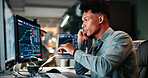 Phone call, computer screen and man in office with finance trading at night for investment account. Technology, communication and male financial analyst with stock market risk analysis in workplace.
