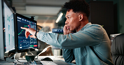 Buy stock photo Phone call, computer screen and man in office with trading at night for client investment account. Technology, communication and male financial analyst with stock market risk analysis in workplace.