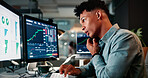 Phone call, man and trader by computer screen in office with at night for client investment account. Technology, communication and male financial analyst with stock market risk analysis in workplace.