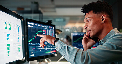 Buy stock photo Phone call, computer screen and man in office with statistics for trading at night for investment account. Technology, communication and financial analyst with stock market risk analysis in workplace