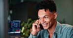 Phone call, contact and man in office with trading at night for client investment account. Technology, happy and male financial analyst with communication for stock market risk analysis in workplace.