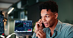 Phone call, communication and man in office with trading at night for client investment account. Technology, contact and financial analyst with computer for stock market risk analysis in workplace.