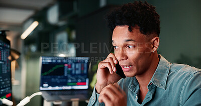 Buy stock photo Phone call, communication and man in office with trading at night for client investment account. Technology, contact and financial analyst with computer for stock market risk analysis in workplace.