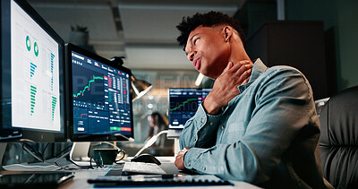 Buy stock photo Neck pain, night and computer with business man in office for stock market crash, tired and trading stress. Burnout, risk analysis account and fatigue with frustrated person for economy fail