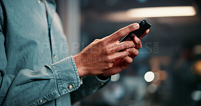 Buy stock photo Business, hands and phone in office at night for online trading account, reading economy news or research. Broker, person and smartphone closeup for portfolio management, overtime or check stocks app