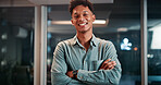 Portrait, business and man in office at night with ambition, about us and financial career. Male person, confident and arms crossed for asset management, finance experience and deadline of investment