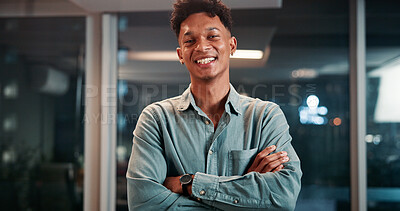 Buy stock photo Portrait, business and man in office at night with ambition, about us and IT career. Male developer, confident and arms crossed of software development, programming experience and deadline of project