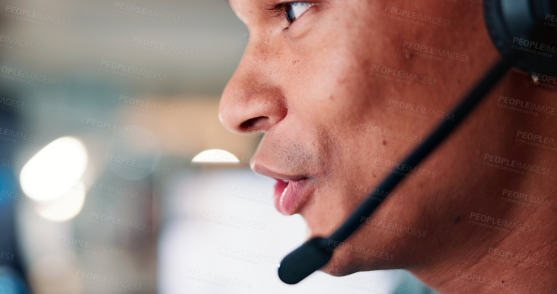 Buy stock photo Business, microphone and man with closeup, call centre and conversation with advice. Happy person, employee and agent in office, consultation and headset with mouth, professional and telemarketing