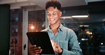 Buy stock photo Night, tablet and happy business man reading email, editing story or schedule for journalism. Digital technology, smile and worker on internet for news research, creative report or overtime in office